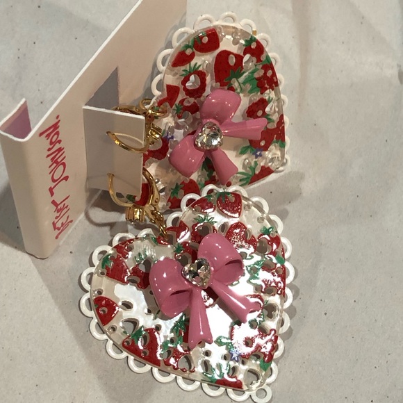 Betsey Johnson Jewelry - Betsey Johnson white heart shaped pink bow rhinestone crystal earrings new